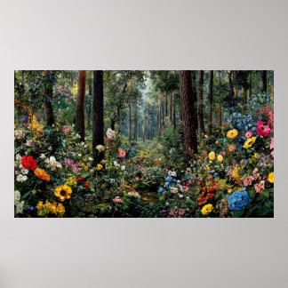 Colorful Flower Landscape with Vibrant Trees Sceni Poster