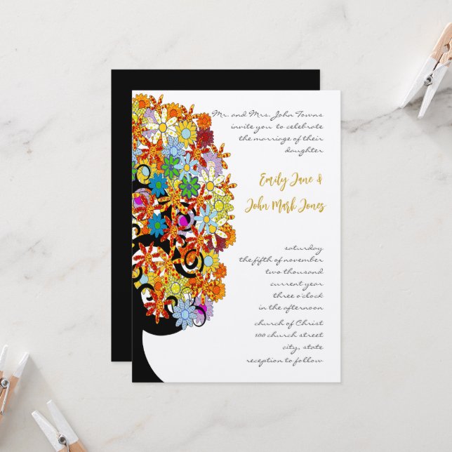 Colorful Flower Love Tree Wedding Invitation (Front/Back In Situ)