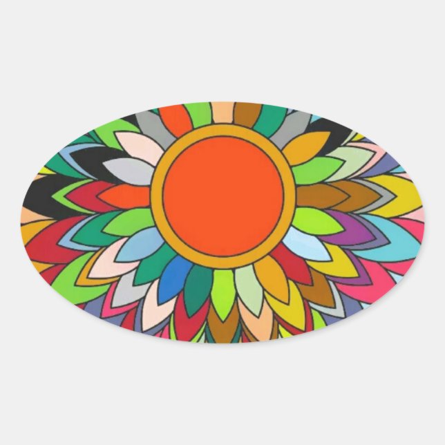 colorful flower mandala yaei design oval sticker (Front)
