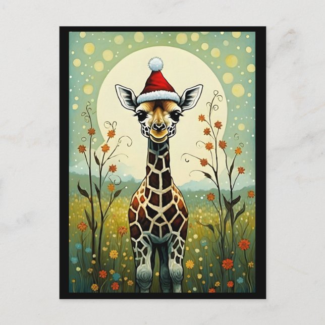 Colorful Flower Meadow Giraffe Santa Christmas  Postcard (Front)