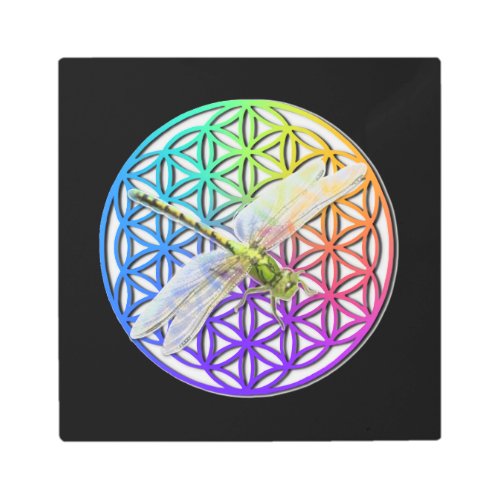 Colorful flower of life delicate dragonfly  metal print