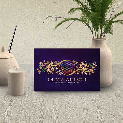 Colorful Flower of life _ golden leaves Business Card