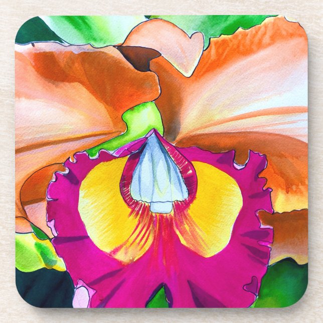 Colorful flower orchid watercolor art beverage coaster (Front)