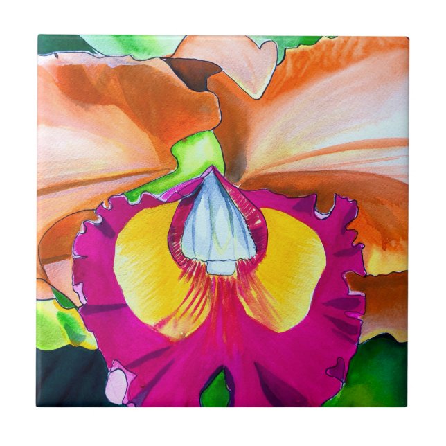 Colorful flower orchid watercolor art ceramic tile (Front)