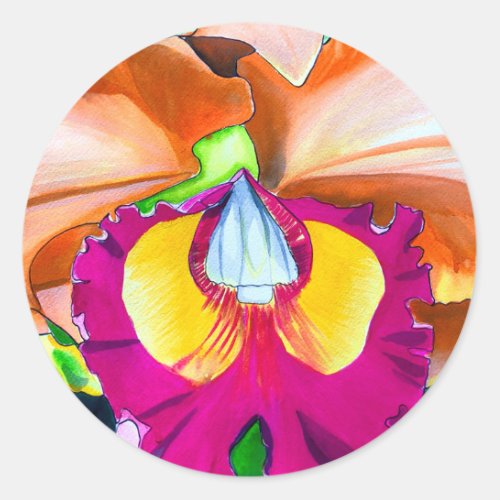 Colorful flower orchid watercolor art classic round sticker