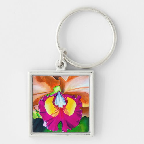 Colorful flower orchid watercolor art keychain