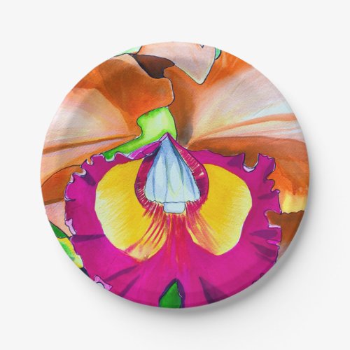 Colorful flower orchid watercolor art paper plates