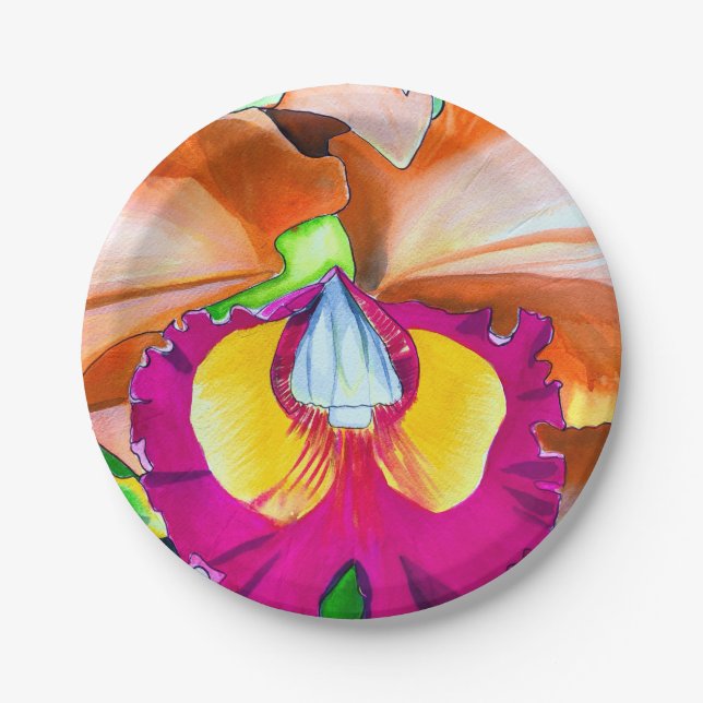 Colorful flower orchid watercolor art paper plates (Front)