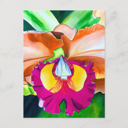 Colorful flower orchid watercolor art postcard