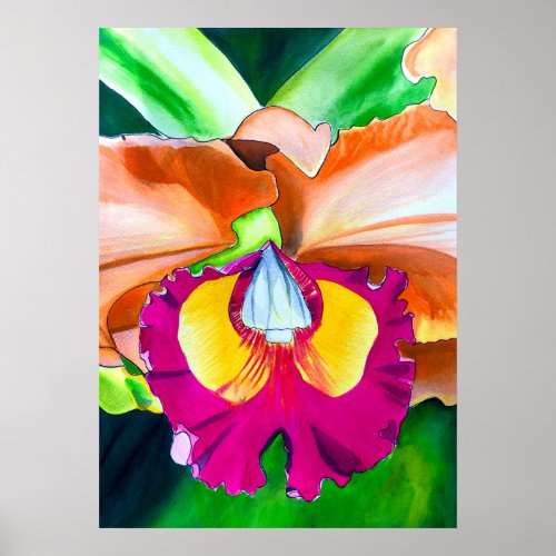 Colorful flower orchid watercolor art poster