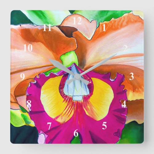 Colorful flower orchid watercolor art square wall clock