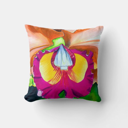 Colorful flower orchid watercolor art throw pillow
