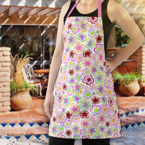 Colorful Flower Pattern Hand_Drawn Summer Floral  Apron