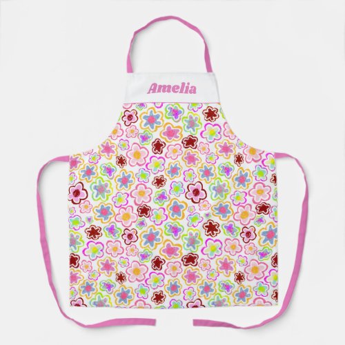 Colorful Flower Pattern Hand_Drawn Summer Floral Apron