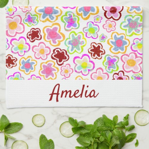 Colorful Flower Pattern Hand_Drawn Summer Floral  Kitchen Towel