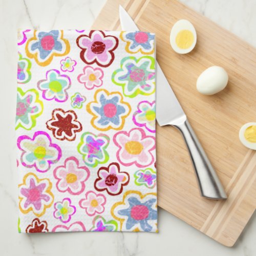 Colorful Flower Pattern Hand_Drawn Summer Floral Kitchen Towel