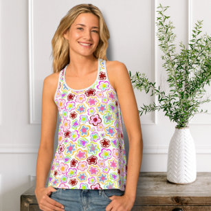 Colorful Flower Pattern Hand-Drawn Summer Floral Tank Top
