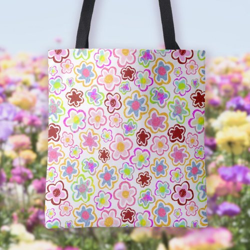 Colorful Flower Pattern Hand_Drawn Summer Floral Tote Bag