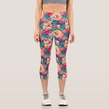 Colorful Flower Pattern High Waisted Yoga Capris