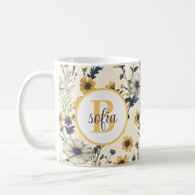 Colorful Flower Pattern Monogram Yellow Coffee Mug (Left)