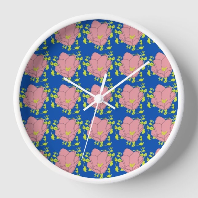 Colorful Flower Pattern on Blue Background Clock (Front)
