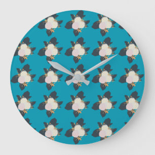 Colorful Flower Pattern on Blue Background Large Clock