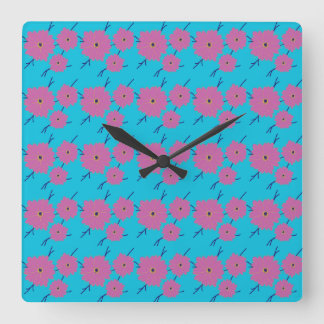 Colorful Flower Pattern on Blue Background Square Wall Clock