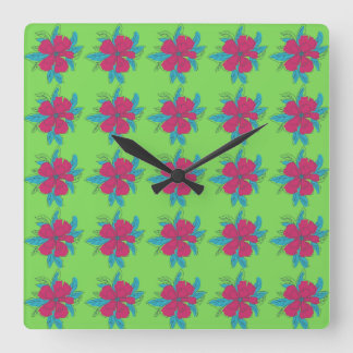 Colorful Flower Pattern on Green Background Square Wall Clock