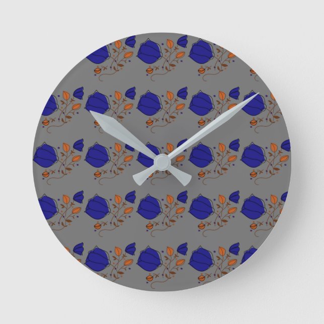 Colorful Flower Pattern on Grey Background Round Clock (Front)