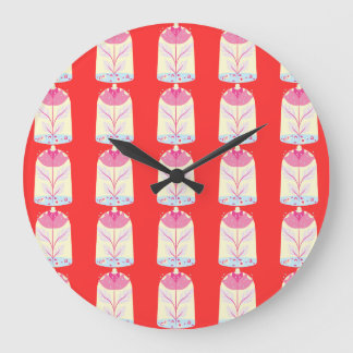 Colorful Flower Pattern on Red Background Large Clock
