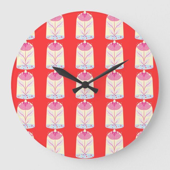 Colorful Flower Pattern on Red Background Large Clock (Front)