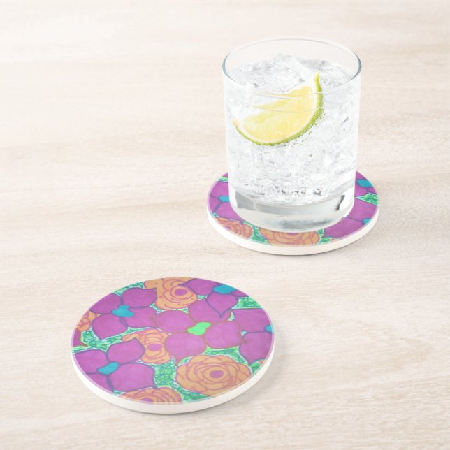 Colorful Flower Pattern Tropical Art Drink Coaster (Side)