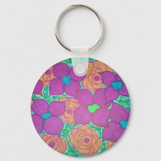 Colorful Flower Pattern Tropical Art Keychain (Front)