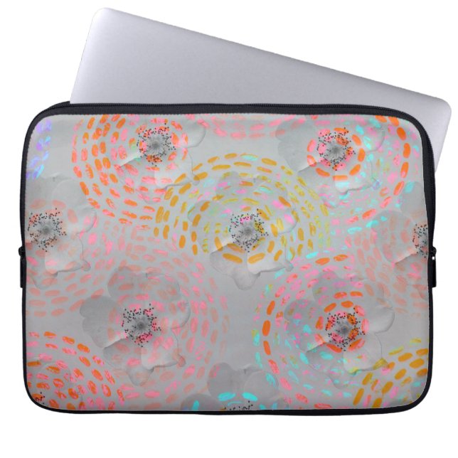 Colorful flower pattern with dotted graphic lines laptop sleeve (Front)