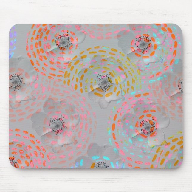 Colorful flower pattern with dotted graphic lines mouse pad (Front)