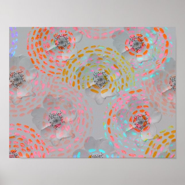 Colorful flower pattern with dotted graphic lines poster (Front)