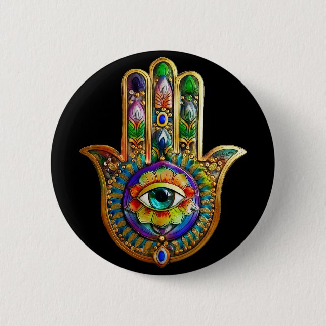 Colorful Flower Petals Turquoise Third Eye Hamsa Button (Front)