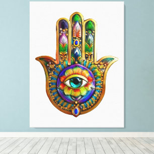 Colorful Flower Petals Turquoise Third Eye Hamsa Canvas Print