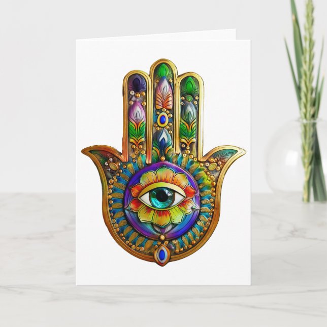 Colorful Flower Petals Turquoise Third Eye Hamsa Card (Front)