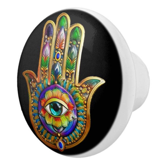 Colorful Flower Petals Turquoise Third Eye Hamsa Ceramic Knob (Right)