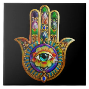 Colorful Flower Petals Turquoise Third Eye Hamsa Ceramic Tile