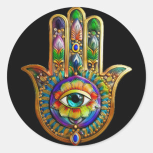 Colorful Flower Petals Turquoise Third Eye Hamsa Classic Round Sticker