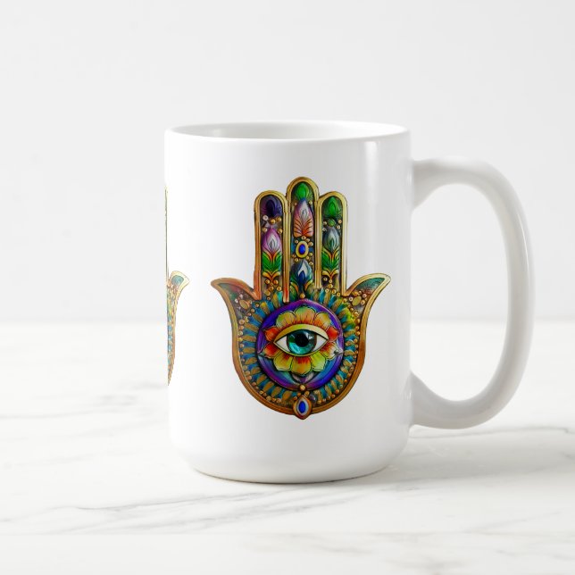 Colorful Flower Petals Turquoise Third Eye Hamsa Coffee Mug (Right)