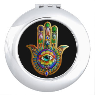 Colorful Flower Petals Turquoise Third Eye Hamsa Compact Mirror
