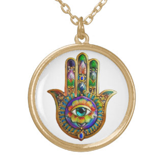 Colorful Flower Petals Turquoise Third Eye Hamsa Gold Plated Necklace