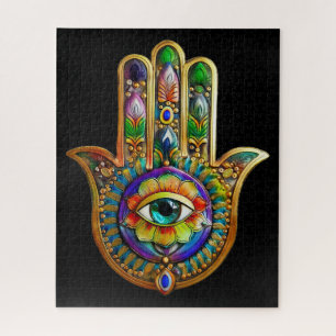 Colorful Flower Petals Turquoise Third Eye Hamsa Jigsaw Puzzle