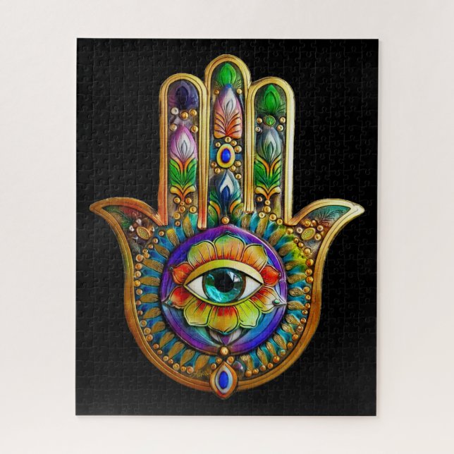 Colorful Flower Petals Turquoise Third Eye Hamsa Jigsaw Puzzle (Vertical)
