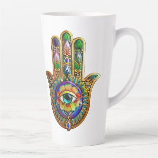 Colorful Flower Petals Turquoise Third Eye Hamsa Latte Mug
