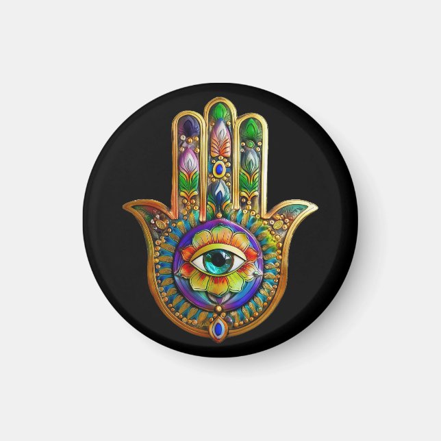 Colorful Flower Petals Turquoise Third Eye Hamsa Magnet (Front)