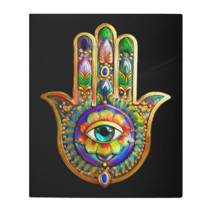 Colorful Flower Petals Turquoise Third Eye Hamsa Metal Print